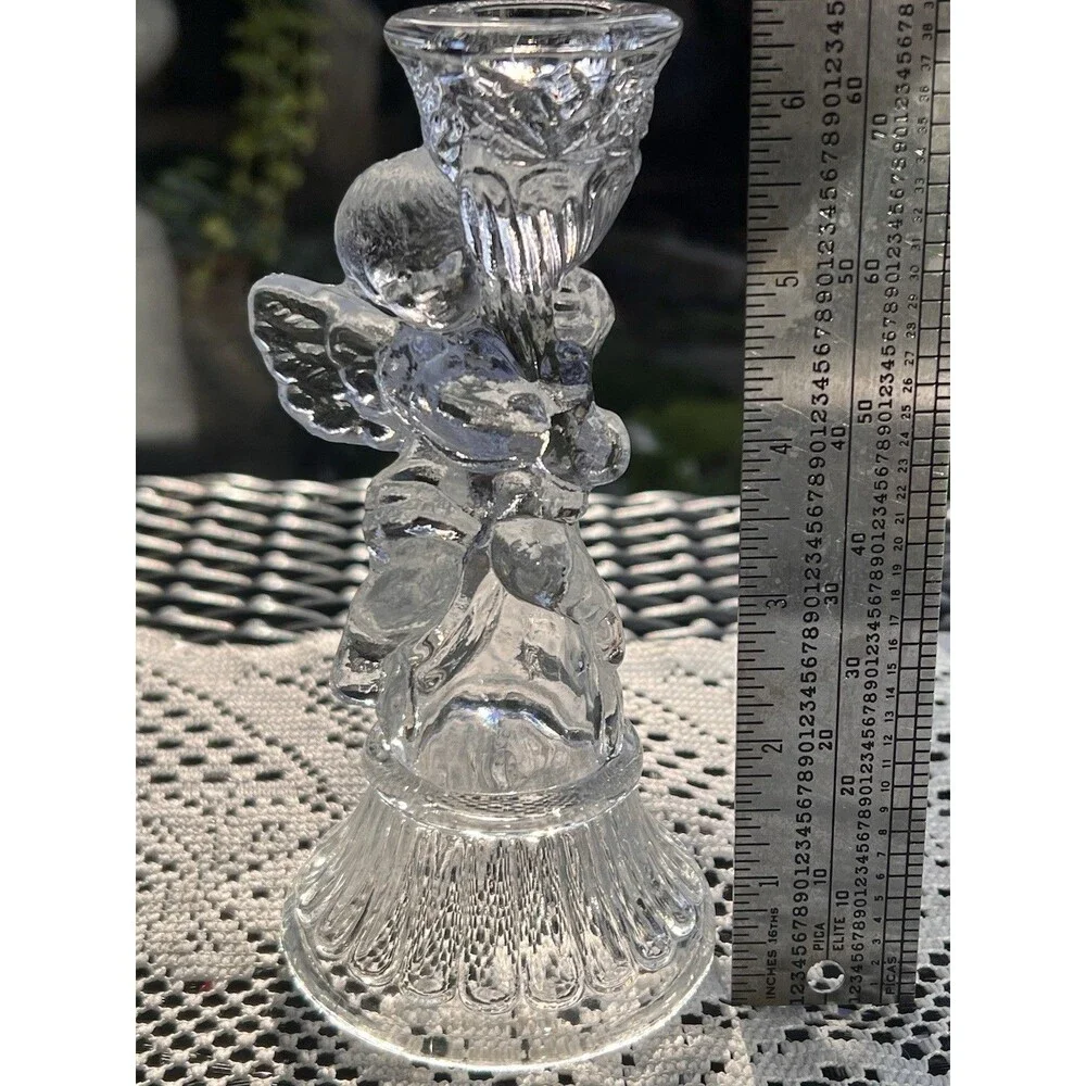 Vintage Clear Glass Angel Candle Holders Pair Praying Angel/ Cherub Candlsti